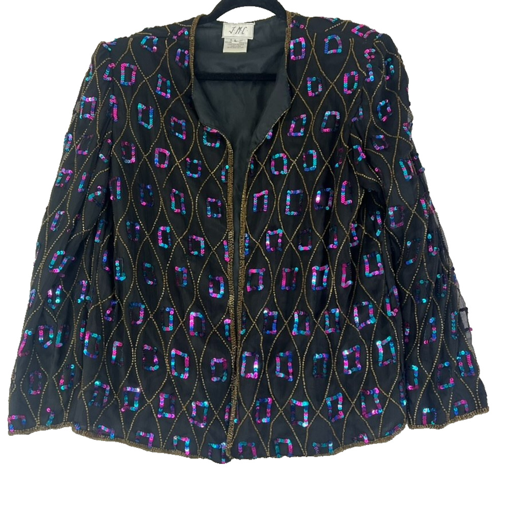 VTG J.M.C Jacket Women's Size L 100% Silk Beaded Sequin Evening Party